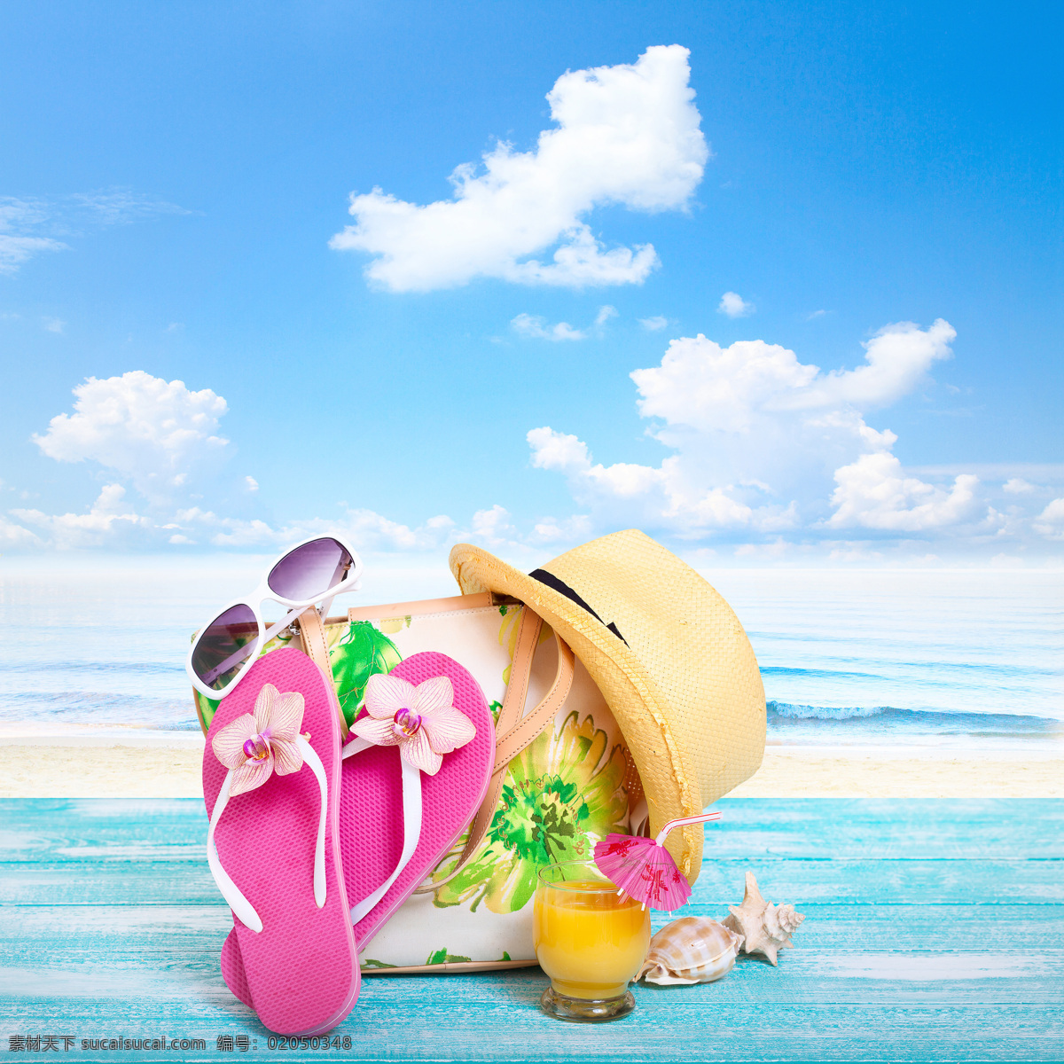 夏日女性用品 夏日 女性用品 帽子 手提袋 拖鞋 海螺 海洋海边 自然景观 白色