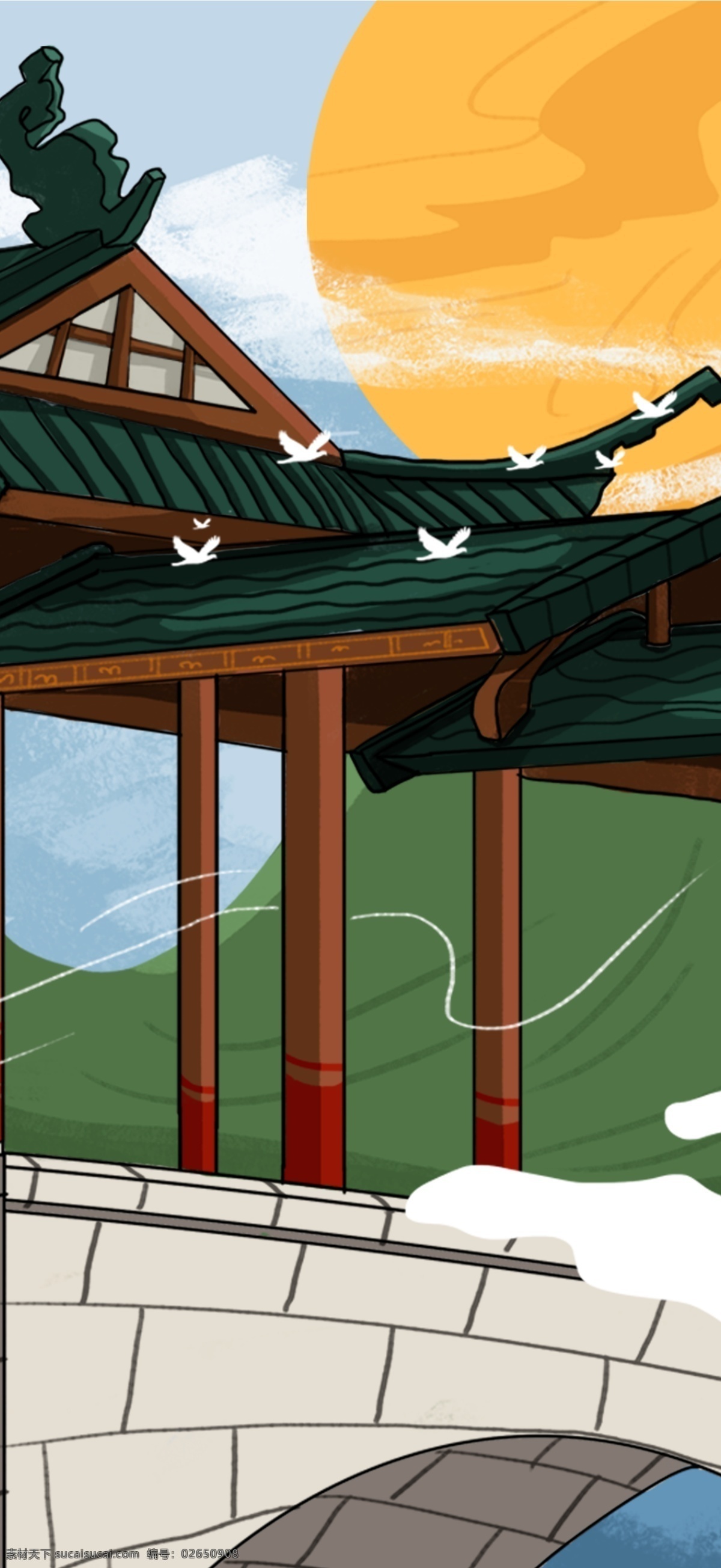 复古 中国 风 古风 建筑 风雨 桥 插画 中国风 风雨桥