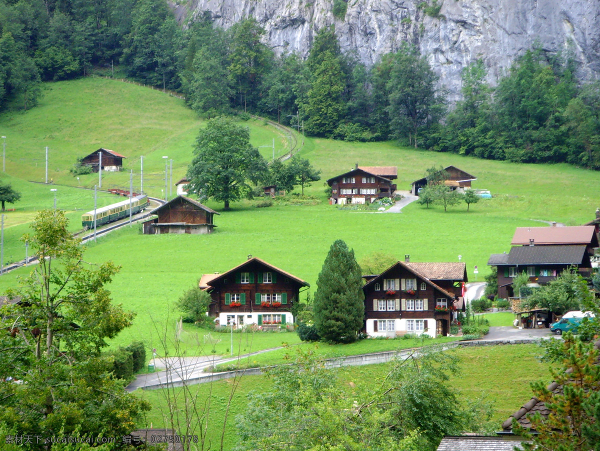 美丽的瑞士 旅遊 景觀 景象 山麓 山丘 田野 田園 房舍 花草 草地 樹木 樹葉 旅游摄影