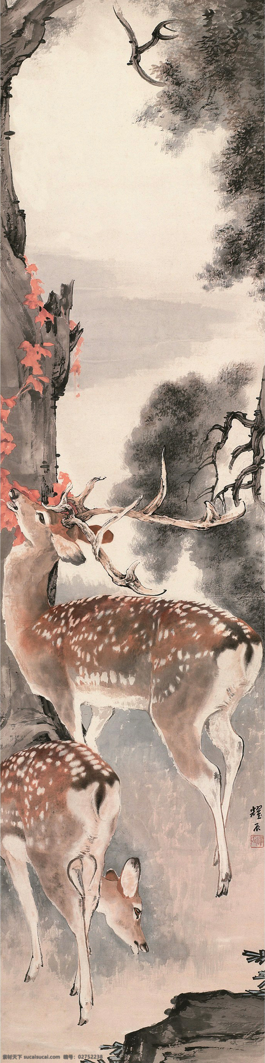 双鹿 国画 刘奎龄 鹿 梅花鹿 动物 绘画书法 文化艺术 国画刘奎龄