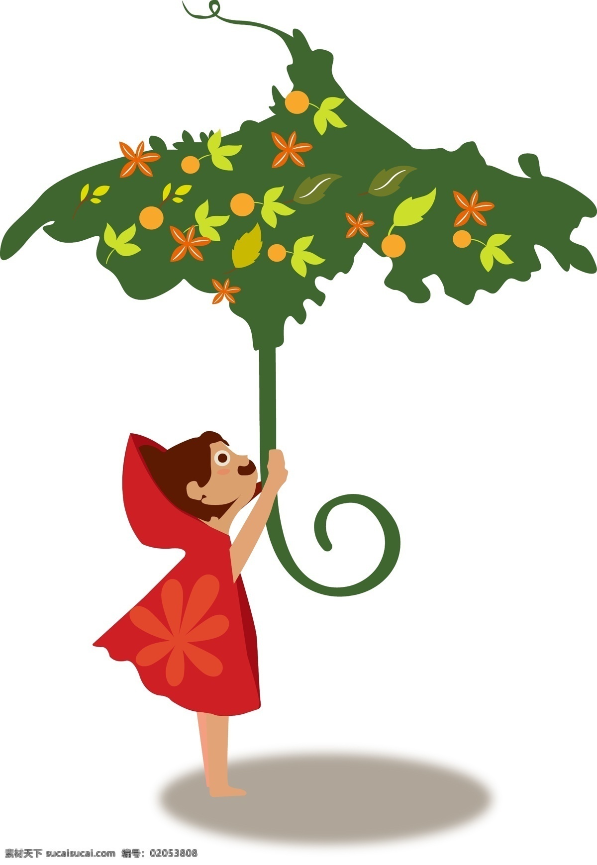 矢量 手绘 卡通 女孩 可以 雨伞 绿树 红色 斗篷 树叶 形状 花朵 可爱 笑脸 短发