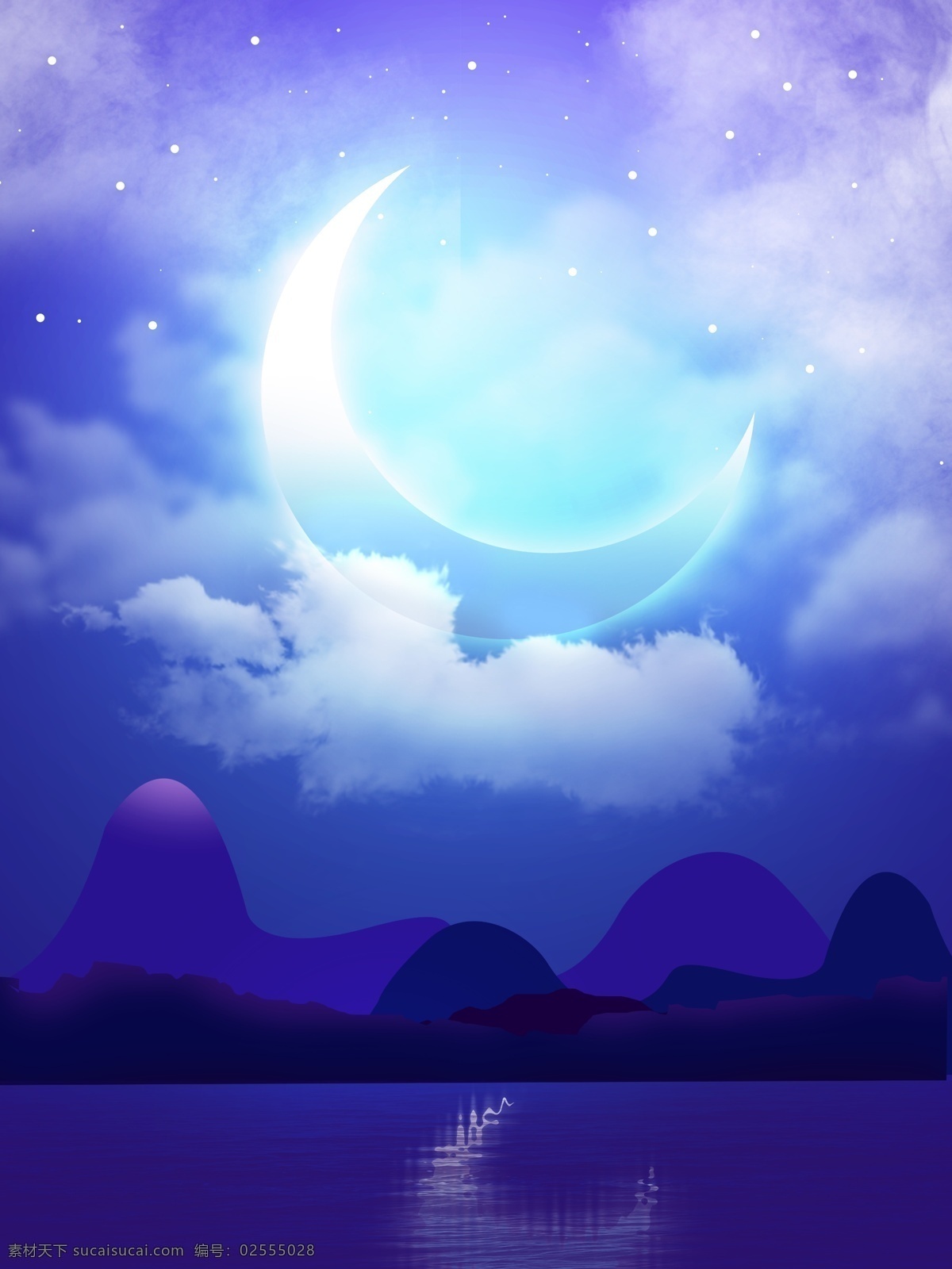 唯美 月亮 倒影 夜景 插画 梦幻 星空 湖水 云朵 分层