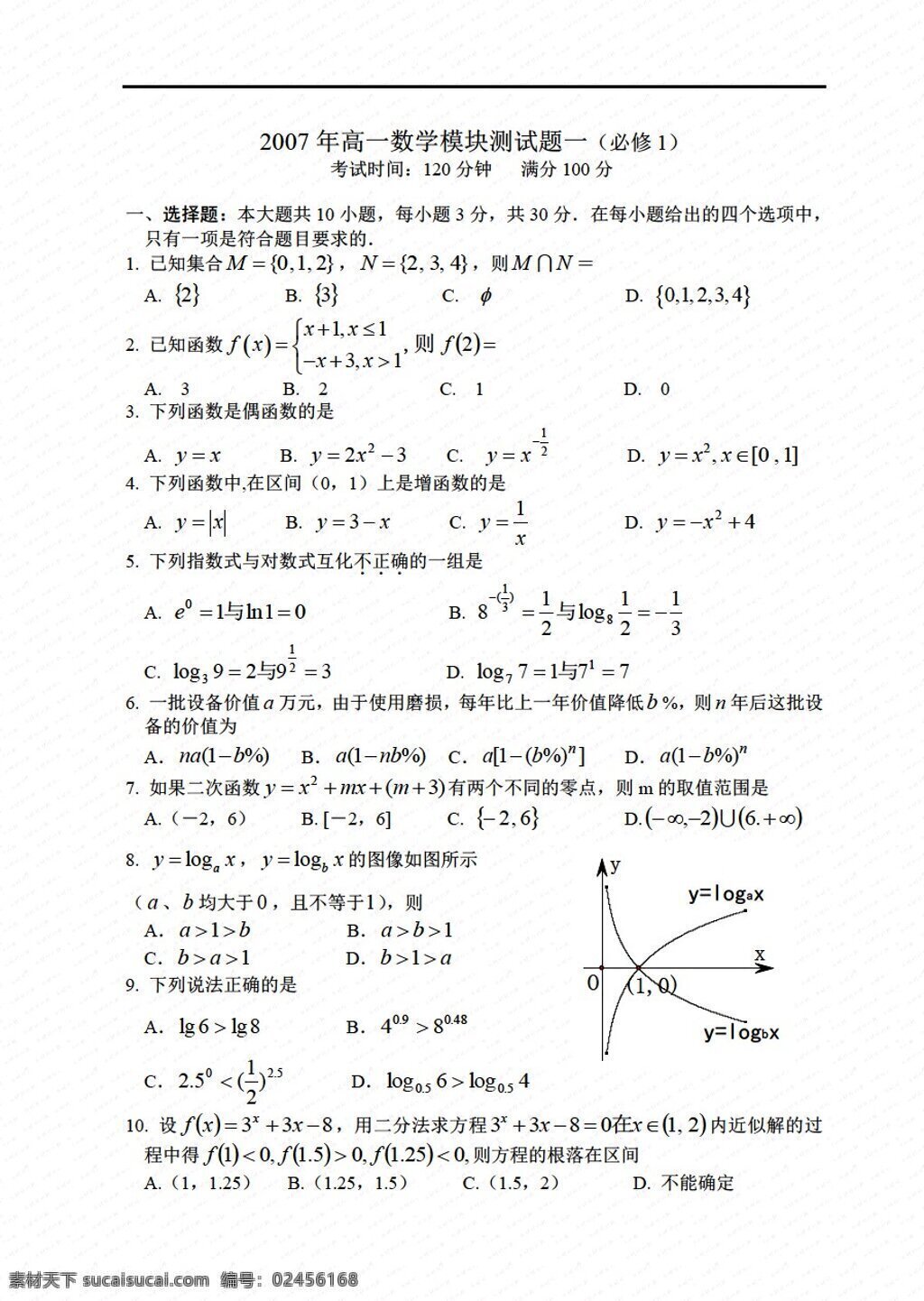 数学 人教 新 课 标 a 版 模块 测试题 必修1 试卷