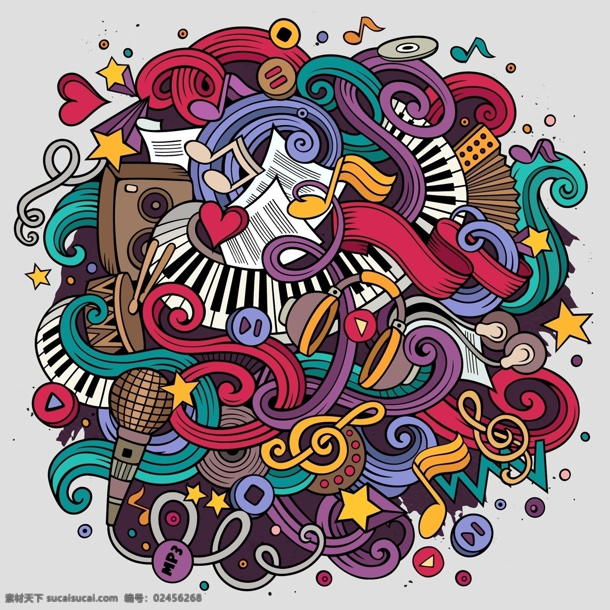 卡通 彩色 涂鸦 音乐 广告 元素 底纹 乐器 线条 艺术