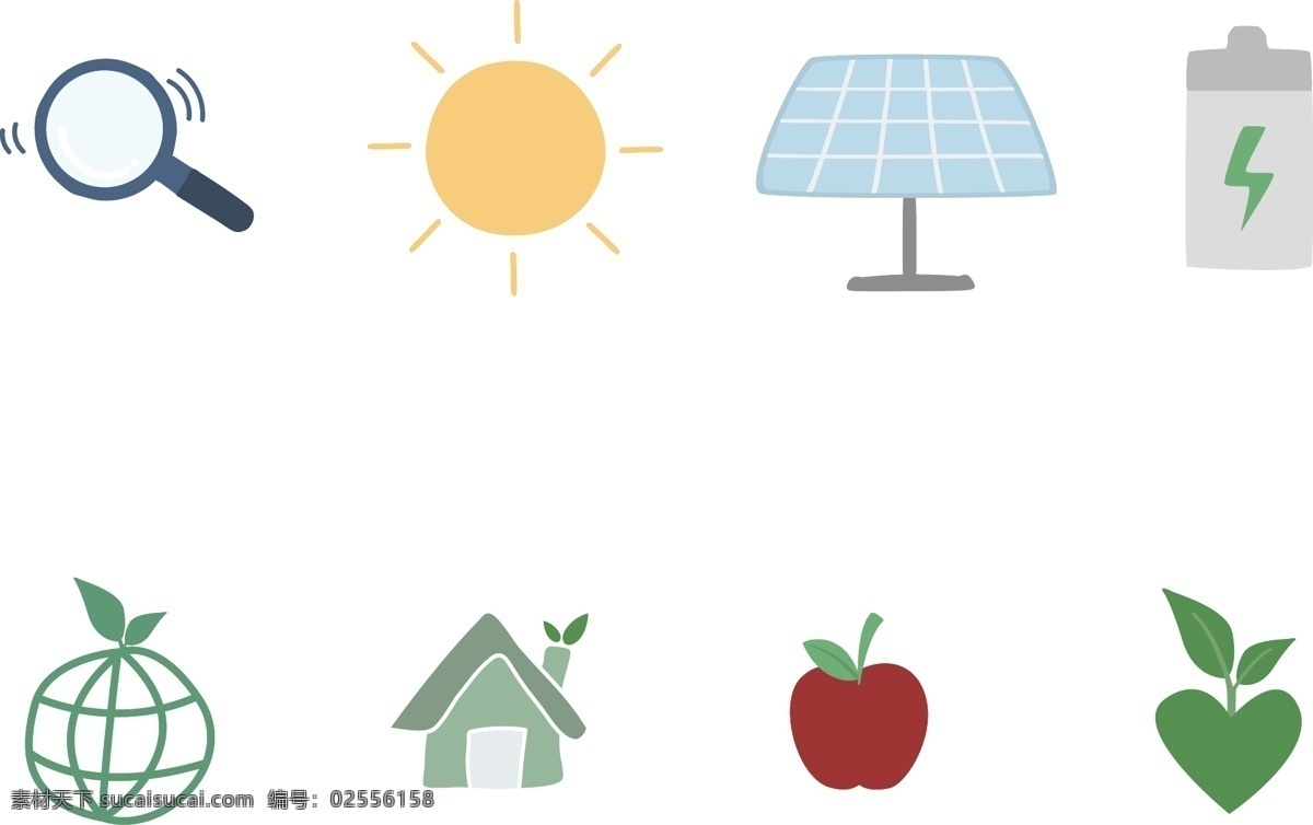 手绘 环境 图标素材 太阳 地球 苹果 绿色 图标 搜索 节能灯 电池