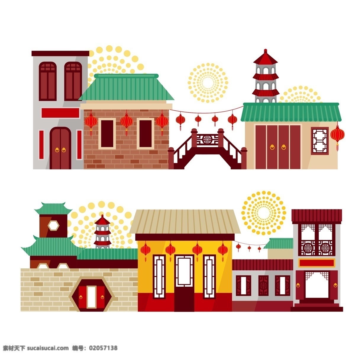 中国 中式 传统 建筑 插画 房子 仿古 塔 小桥