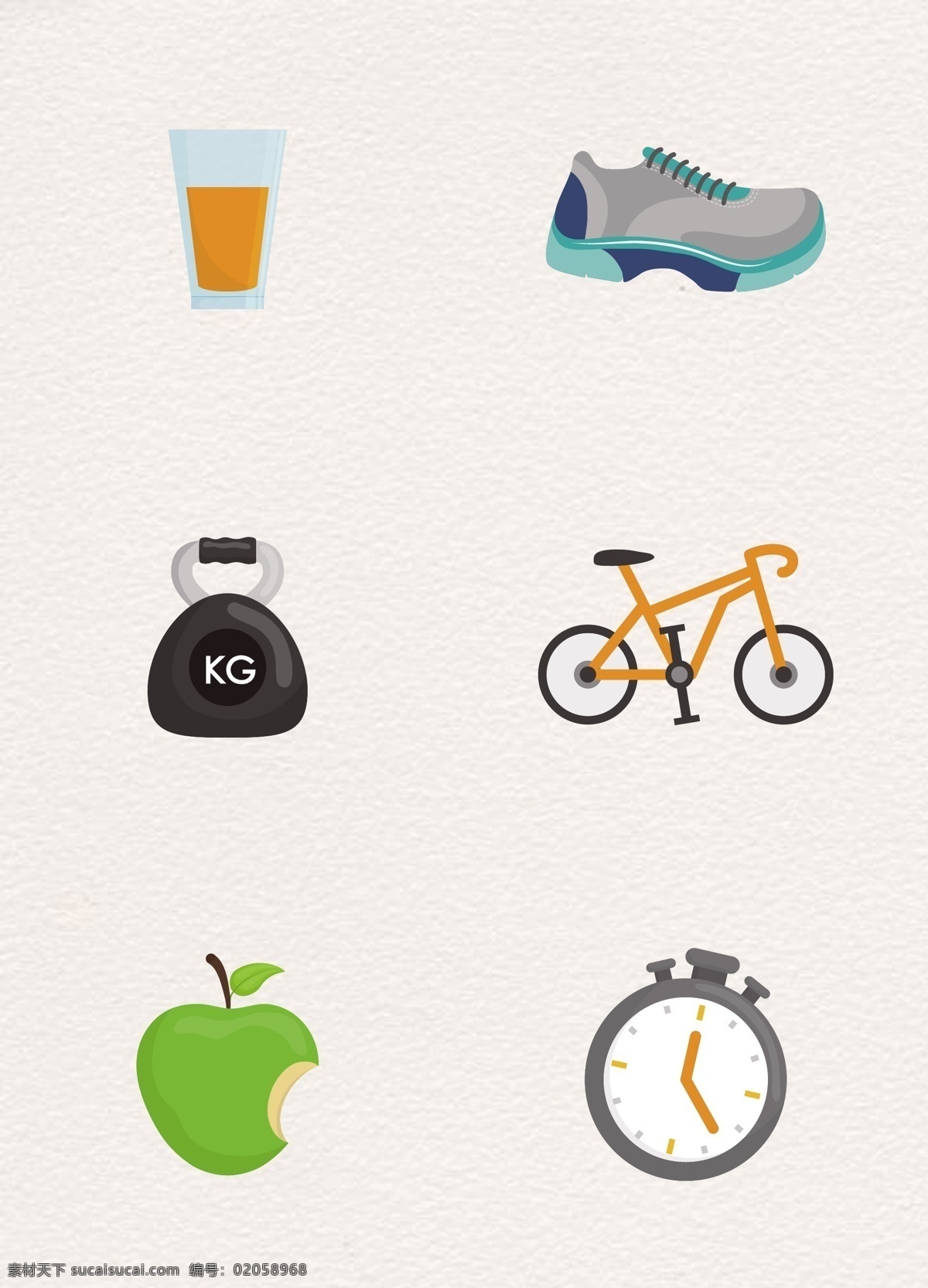 卡通 矢量 运动 健身 瘦身 图标 自行车 苹果 胡萝卜汁 跑鞋 秒表