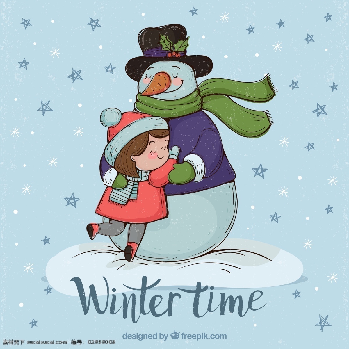 可爱 抱 雪人 女孩 矢量图 冬季 雪花 拥抱 蓝色 卡通 ai格式 矢量素材 最新矢量图 画册设计