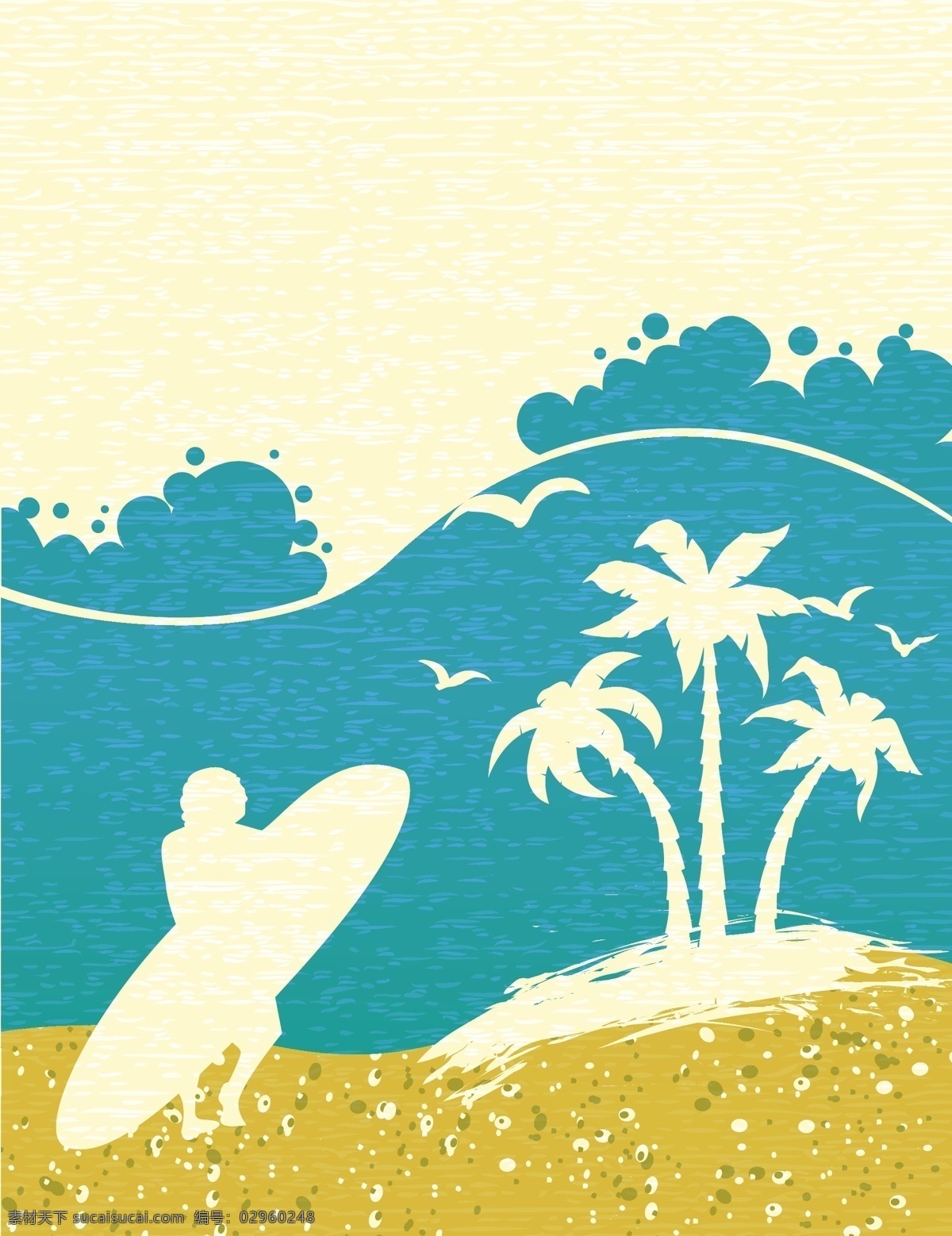卡通 夏日 海边 背景 夏日海边 椰子树 海浪 人 冲浪板 沙滩 夏日素材 背景素材 其他模板 矢量素材 底纹边框 白色