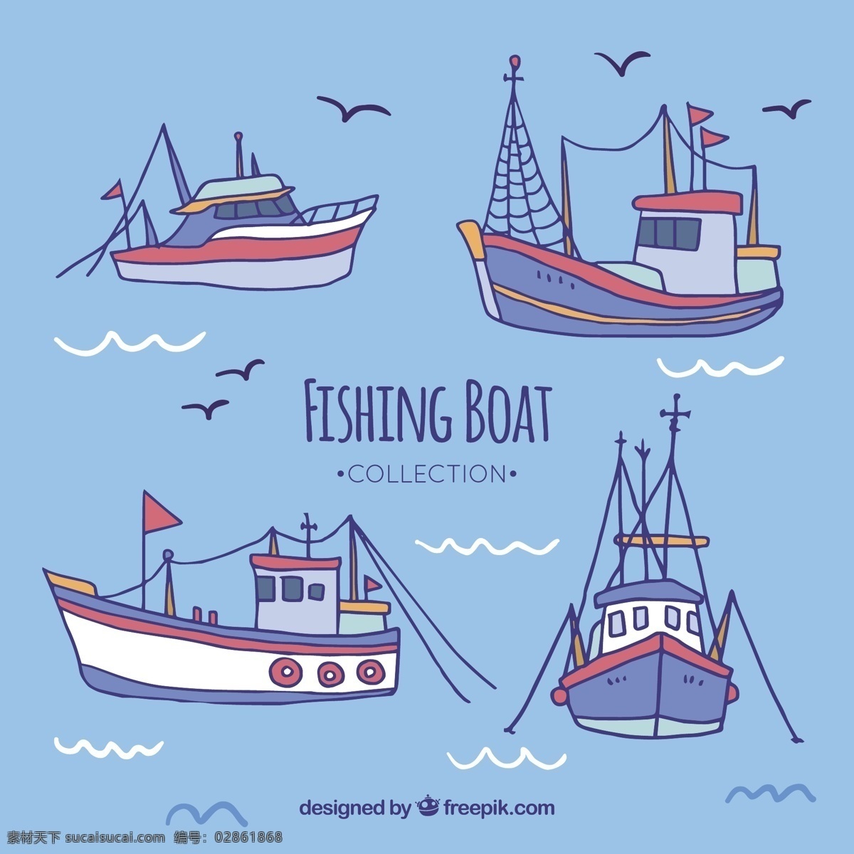 美丽 手绘 渔船 插图 美丽的 手绘渔船