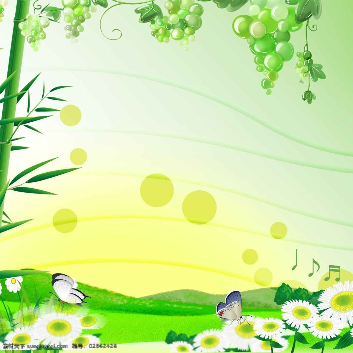 竹子 葡萄 花蝶 绿色 背景 线条 光圈