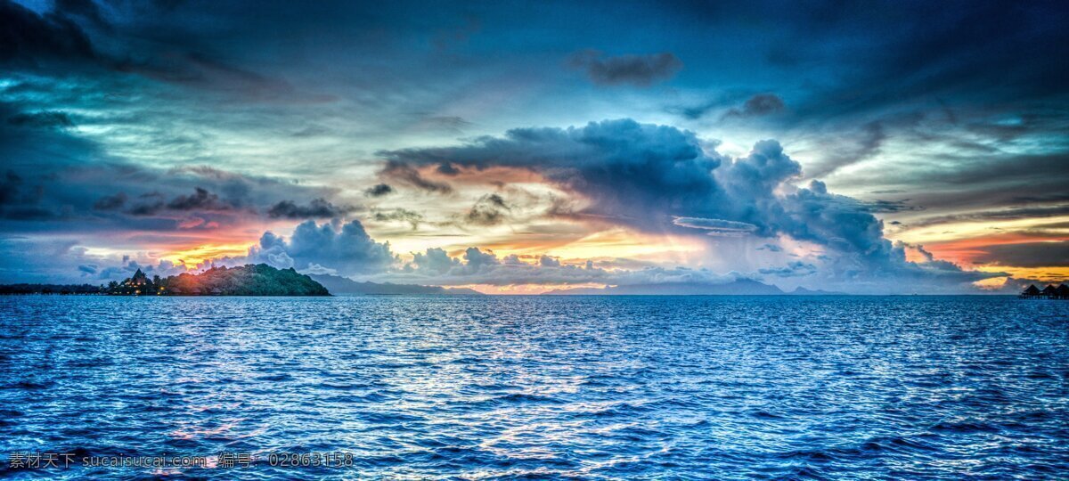 超大 小岛 海面 夕阳 云彩 横幅 海岛 蓝色