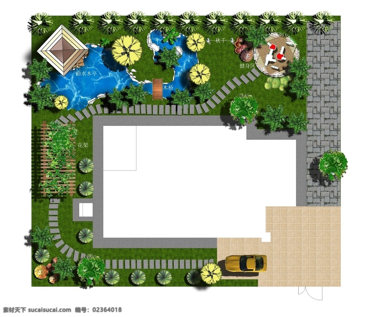别墅 景观 平面图 游泳池 马路 鲜花 草地 树木 房屋 建筑物 白色背景 环境设计 景观设计