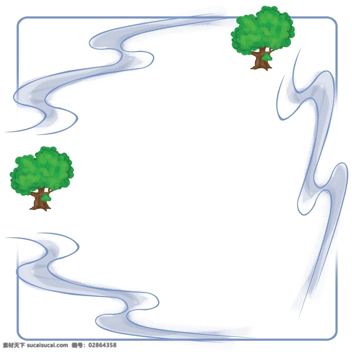河流 边框 卡通 插画 大树