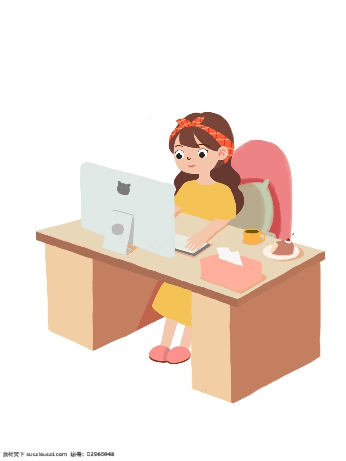 办公室 工作 女生 手绘 插画 格式 电脑 卡通 可爱 长发 玩电脑 打游戏 长裙 咖啡 甜点 png格式