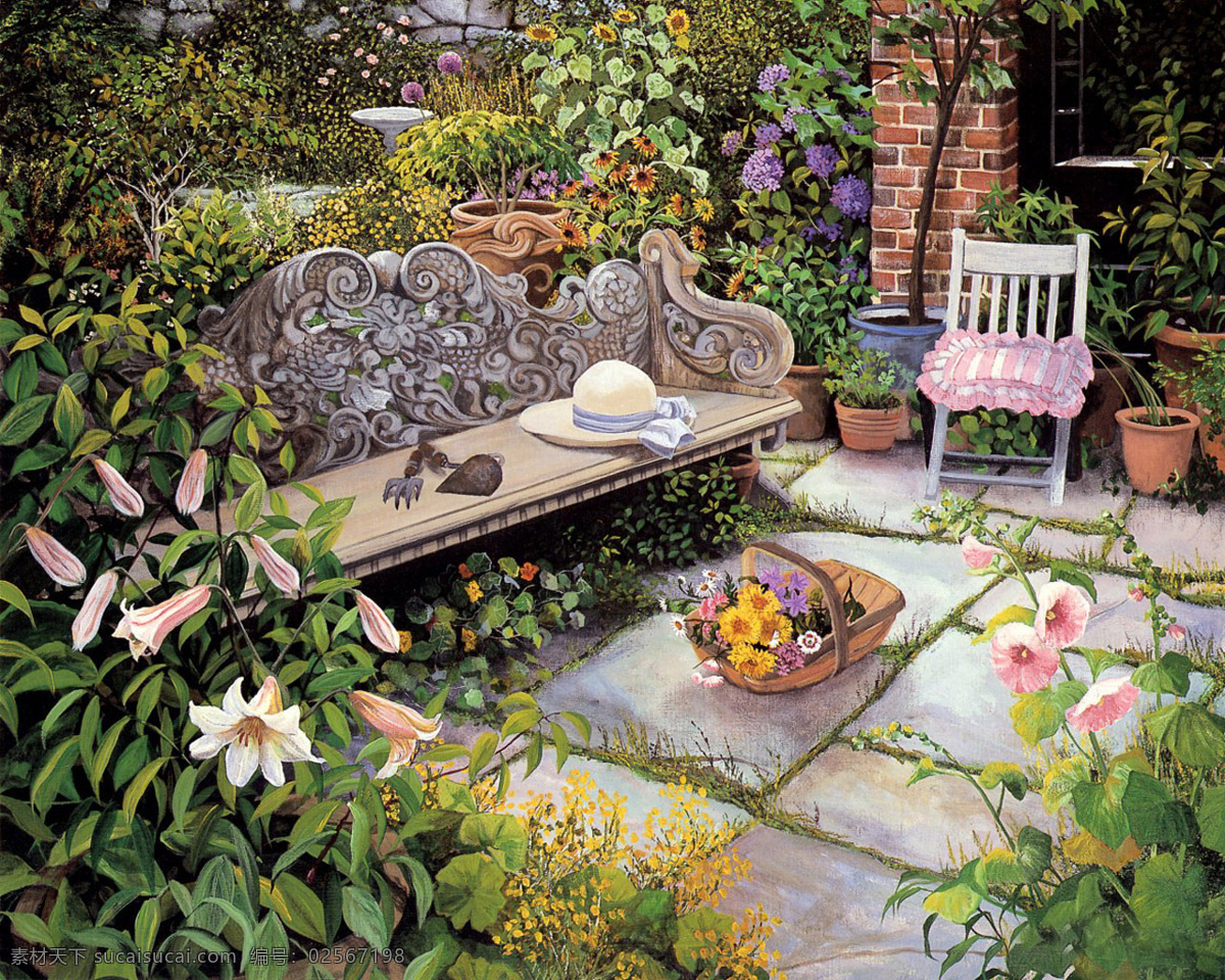 手绘花园风景 手绘图案 花园 庭院 花花草草 花篮 椅子 绘画书法 文化艺术