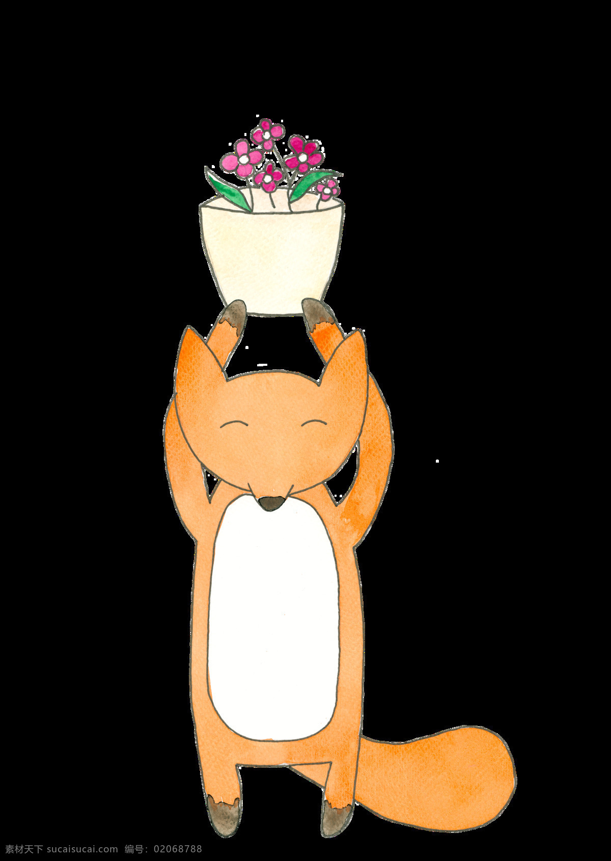 卡通 狐狸 透明 手绘 橙色 花盆 矢量素材 设计素材