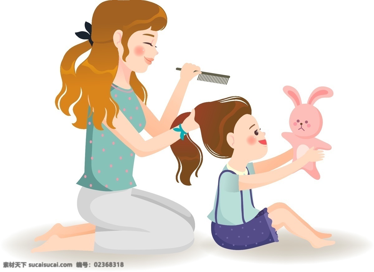 感恩节 母亲 女儿 梳 头发 小女孩 温暖有爱 感恩节插画 女孩拿着兔子 可爱插画