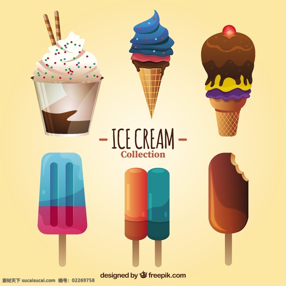 不同 口味 美味 冰淇淋 食品 夏天 平 冰 甜 平面设计 甜点 奶油 饮食 季节 设置不同 夏季的味道 晶片 冷却 黄色