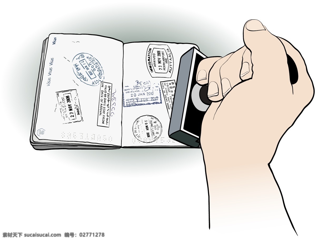 护照签证 出国 护照 旅游 签证 手 手绘 书本 印章 敲章 蚊小蚊 矢量图 其他矢量图