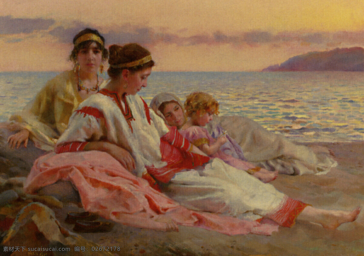 海滩 休息 女人 孩子 大海 贵妇 绘画书法 女士 人物 世界名画 西洋油画 文化艺术 滩 psd源文件