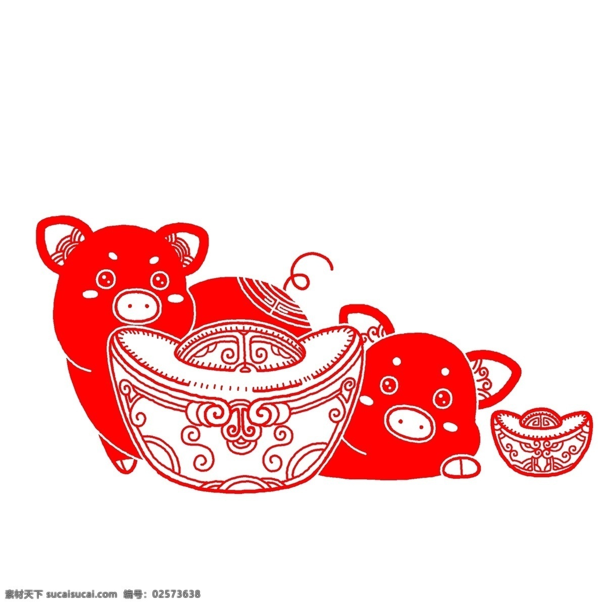 手绘 红色 元宝 剪纸 大大的元宝 红色的小猪 可爱的小猪 红色剪纸 创意小猪剪纸