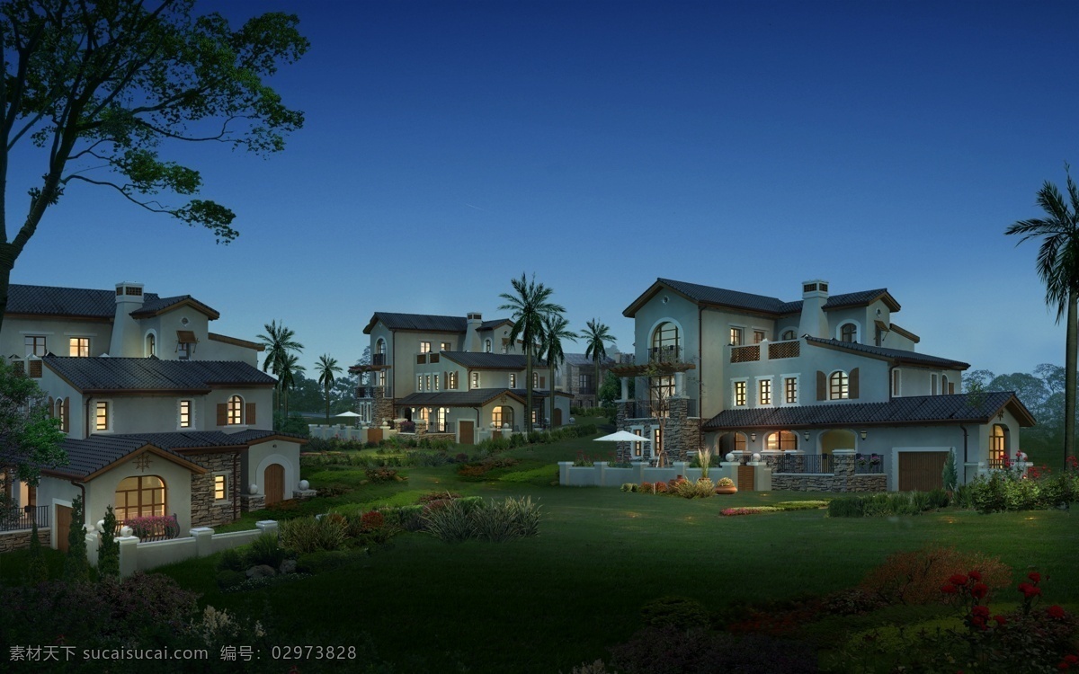 蓝 成 别墅 景观设计 鲜花 草地 树木 房屋 建筑物 蓝色天空 环境设计 黑色