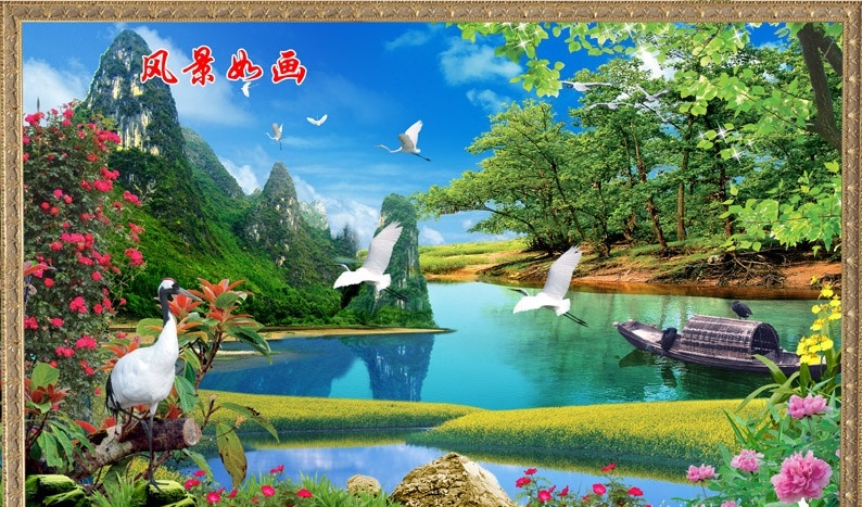 风景如画 山水画 流水生财 财源滚滚 风景画 迎客松 松鹤延年 万里长城 江山如此多娇 长城 大展鸿图 大展宏图 大鹏展翅 黄 山水风景画 分层 源文件