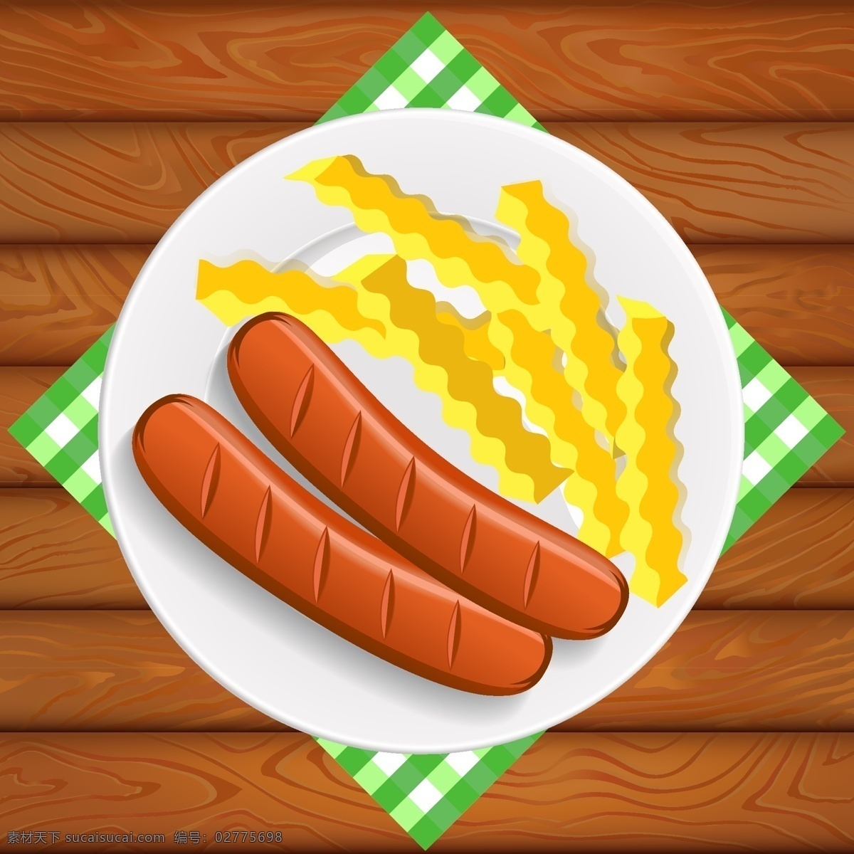 卡通 美味 烤肠 薯条 插画 美食 快餐 餐布