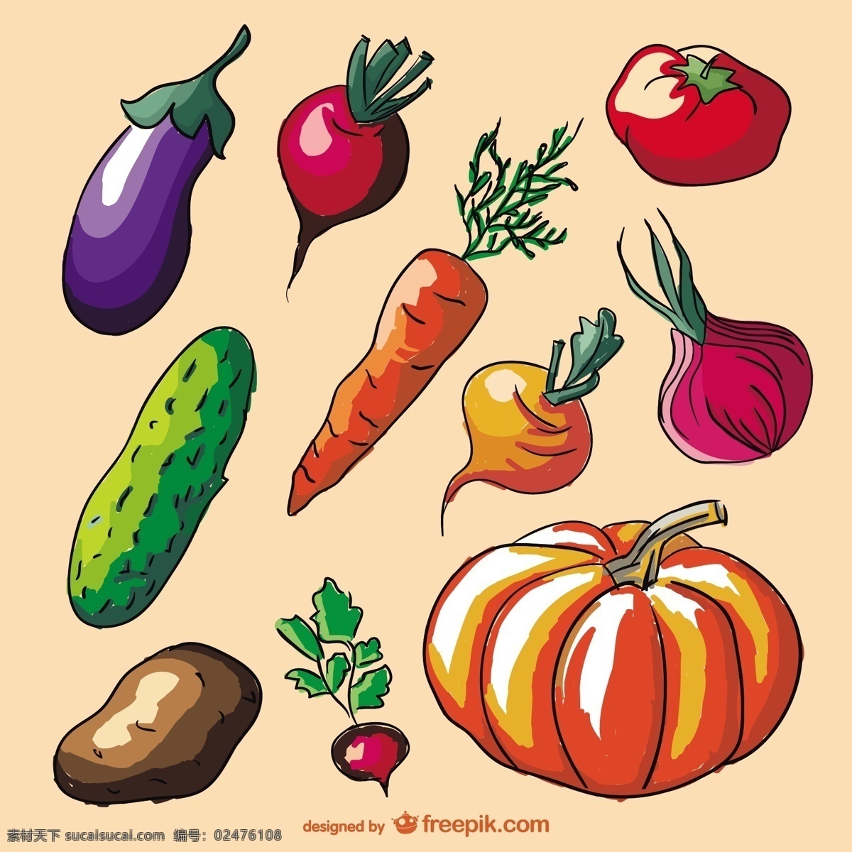 丰富多彩 涂鸦 蔬菜 集 一方面 手绘 色彩丰富 装饰 南瓜 胡萝卜 洋葱 黄瓜 土豆拉 萝卜 茄子 黄色