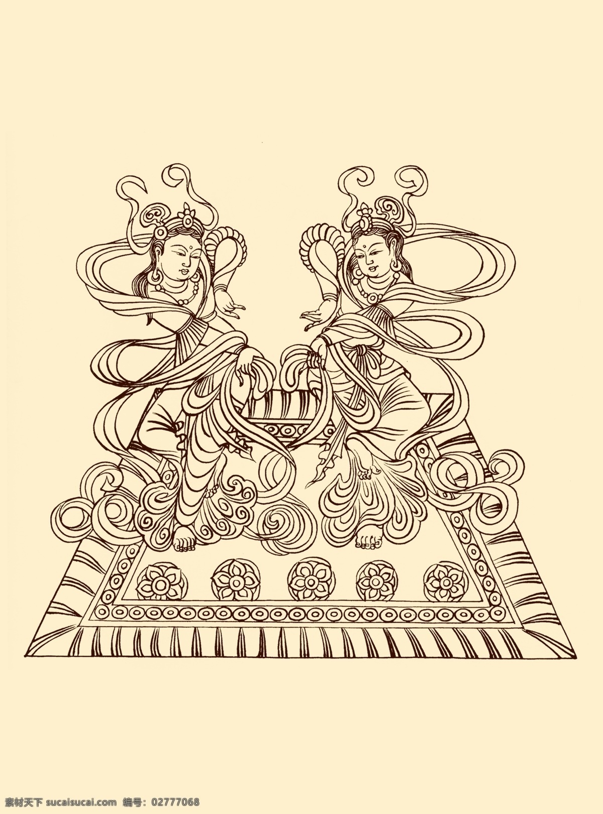 莫高窟 窟 盛唐 药师 经变 中 舞 伎 菩萨 壁画 敦煌 敦煌壁画 飞天 白描 中国画 敦煌壁画白描 人物 分层 源文件