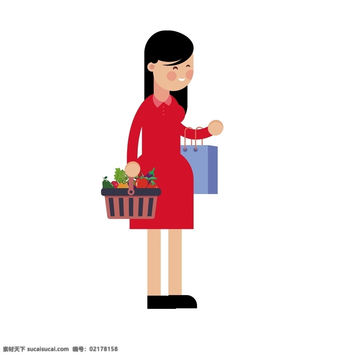 买 菜 回来 人 矢量 免 抠 图 卡通的 手绘的 人物 买菜的人 买菜回来 去菜市场 家庭主妇 保姆 女人 穿红裙子的人