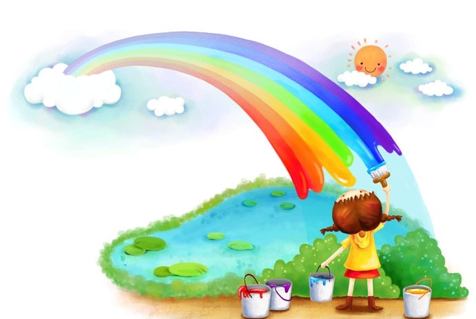 彩绘 彩虹 小女孩 油漆 云朵 天真 可爱 人物 分层 源文件
