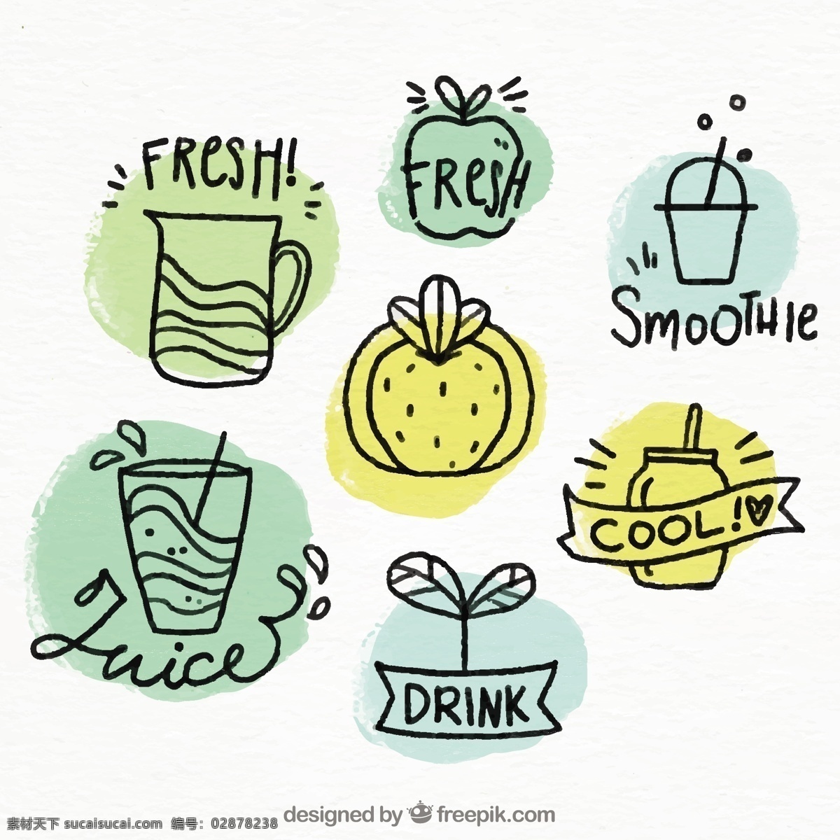 果汁 徽章 手绘 风格 集合 采购产品食品 手 夏天 水果 颜色 热带 玻璃 饮料 天然的 健康的 装饰的 吃的 健康的食物 饮食 营养
