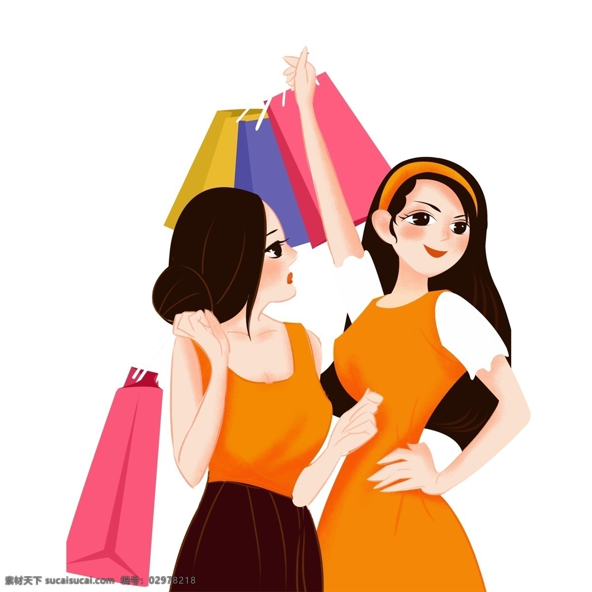 两个 女孩 购物 免 抠 图 袋子 时尚女孩 漂亮的女孩 卡通人物 动漫人物 可爱 裙子 头饰 黄色 衣服 姑娘