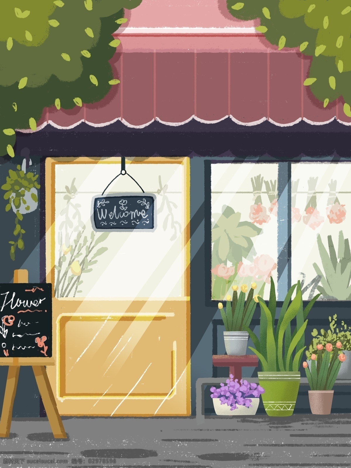 小 清新 商店 植物 背景 店铺 北欧 卡通 彩色 创意 装饰 设计背景 海报背景 简约 图案