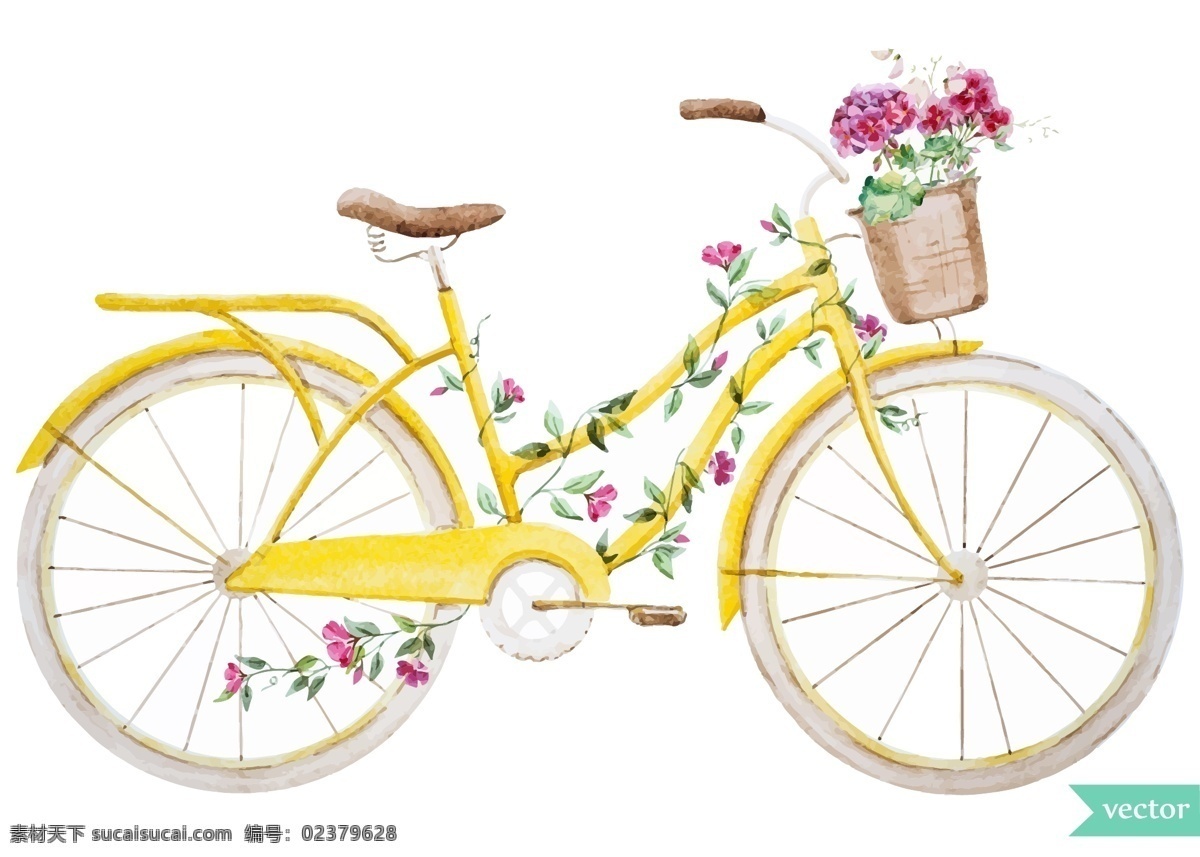 插画 花朵 静物 清新 手绘 水彩绘 植物 自行车 水彩 绘