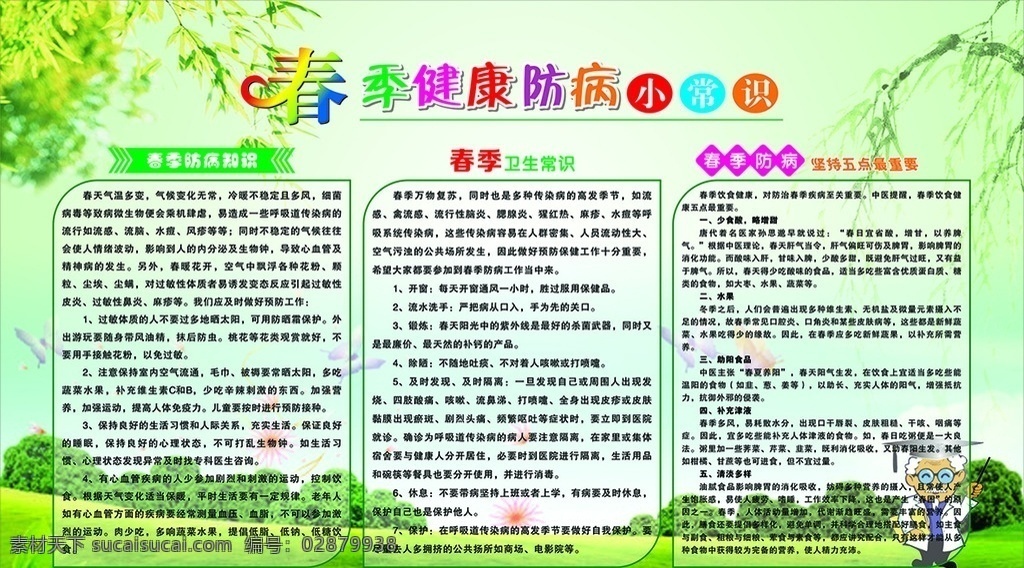 春季 健康教育 宣传栏 绿草地 树林 医生 蝴蝶 柳树条 绿色背景宣传