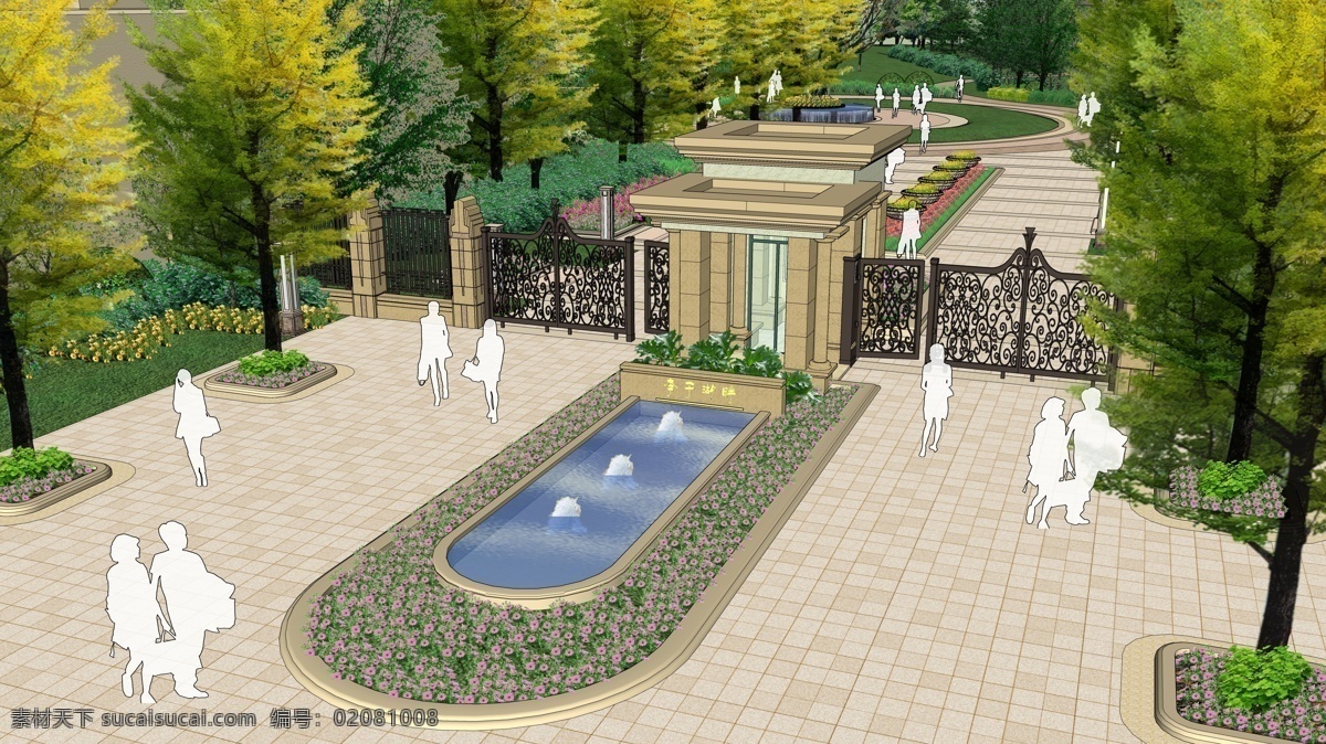 小区入口景观 入口设计 景观设计 社区入口 景观大门 欧式大门 喷泉 水池 效果图 草图大师 环境设计