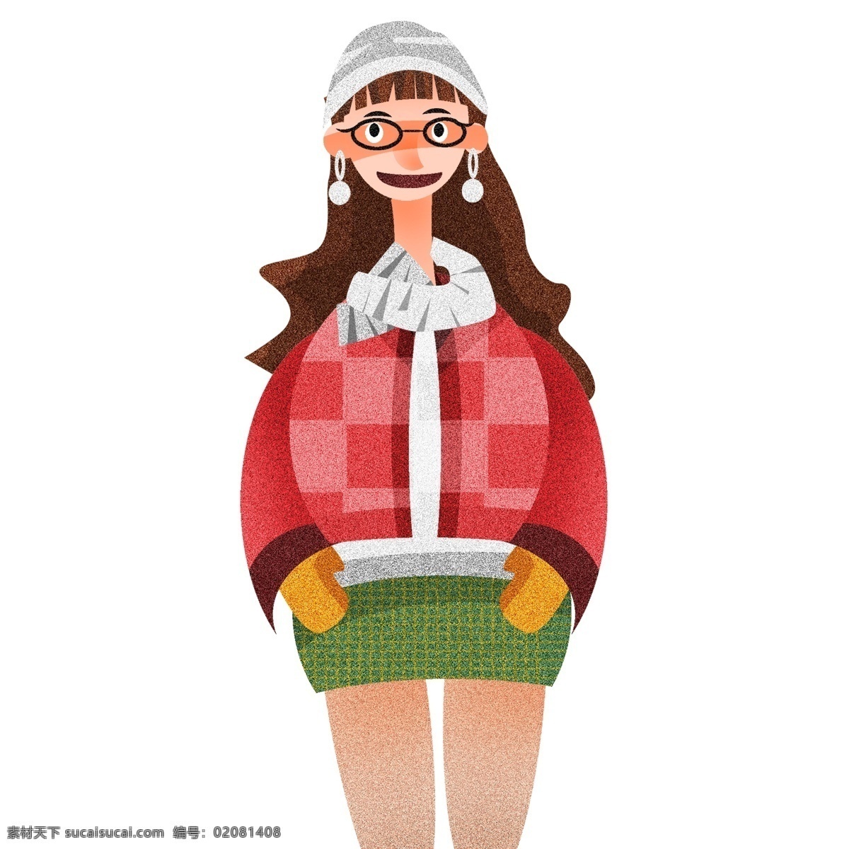 复古 肌理 穿着 羽绒服 短裙 女孩 插画 冬天 人物 眼镜 复古肌理 手绘 卡通