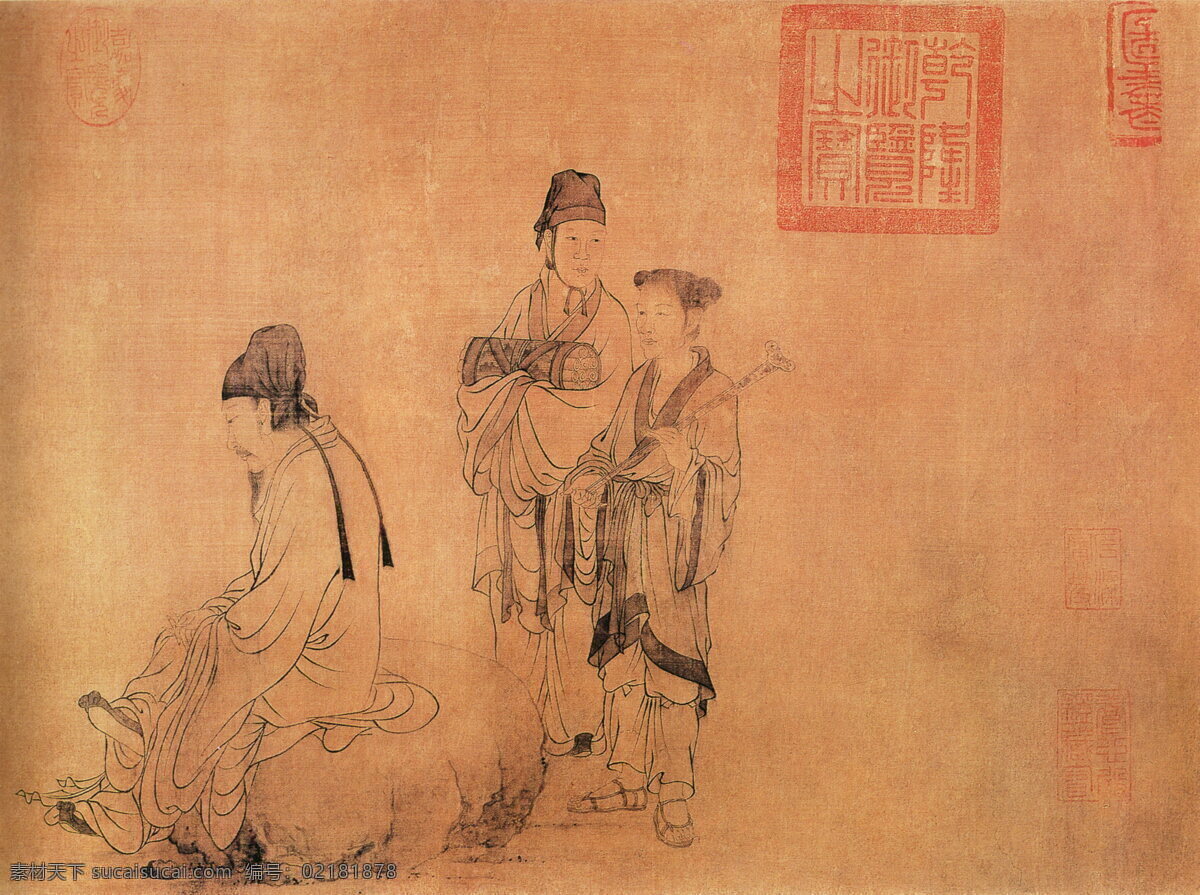 伯牙鼓琴图b 人物画 中国 古画 中国古画 设计素材 人物名画 古典藏画 书画美术 橙色