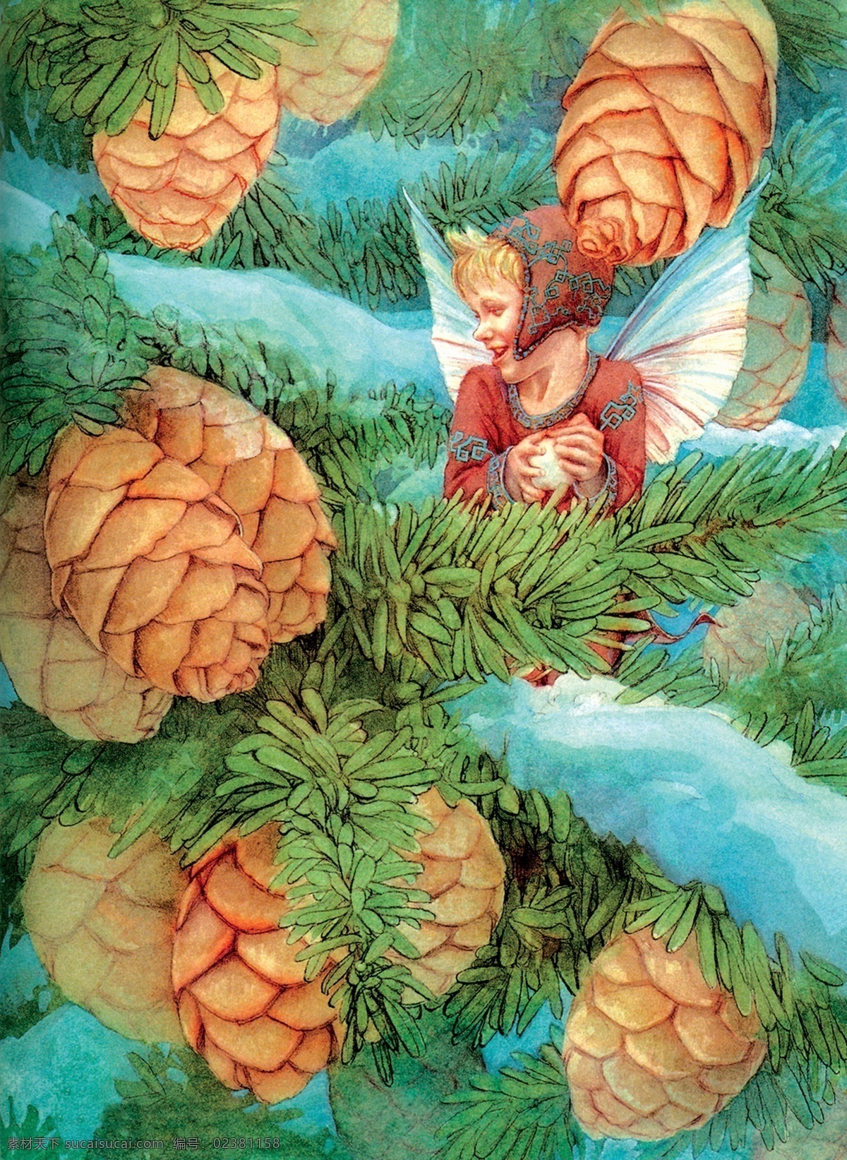插画 插图 翅膀 动漫 绘画书法 精灵 帽子 欧洲 可爱的天使 仙子 仙女 松籽 树 神话 童话 文化艺术 插画集