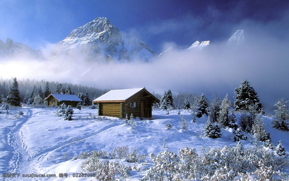 白雪皑皑 白云 冰天雪地 冬季 冬天 高原 寒冬 户外 蓝天 木房子 雪景 树林 雪松 雾凇 森林 小房子 下雪 冬季森林 大雪覆盖 背景图片