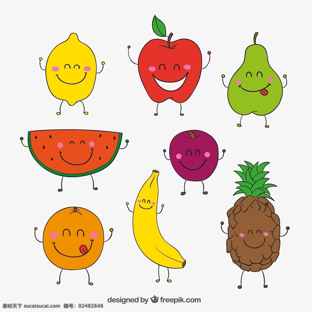 卡通 笑脸 水果 矢量 柠檬 苹果 梨 西瓜 橙子 菠萝 香蕉 李子 开心 矢量图