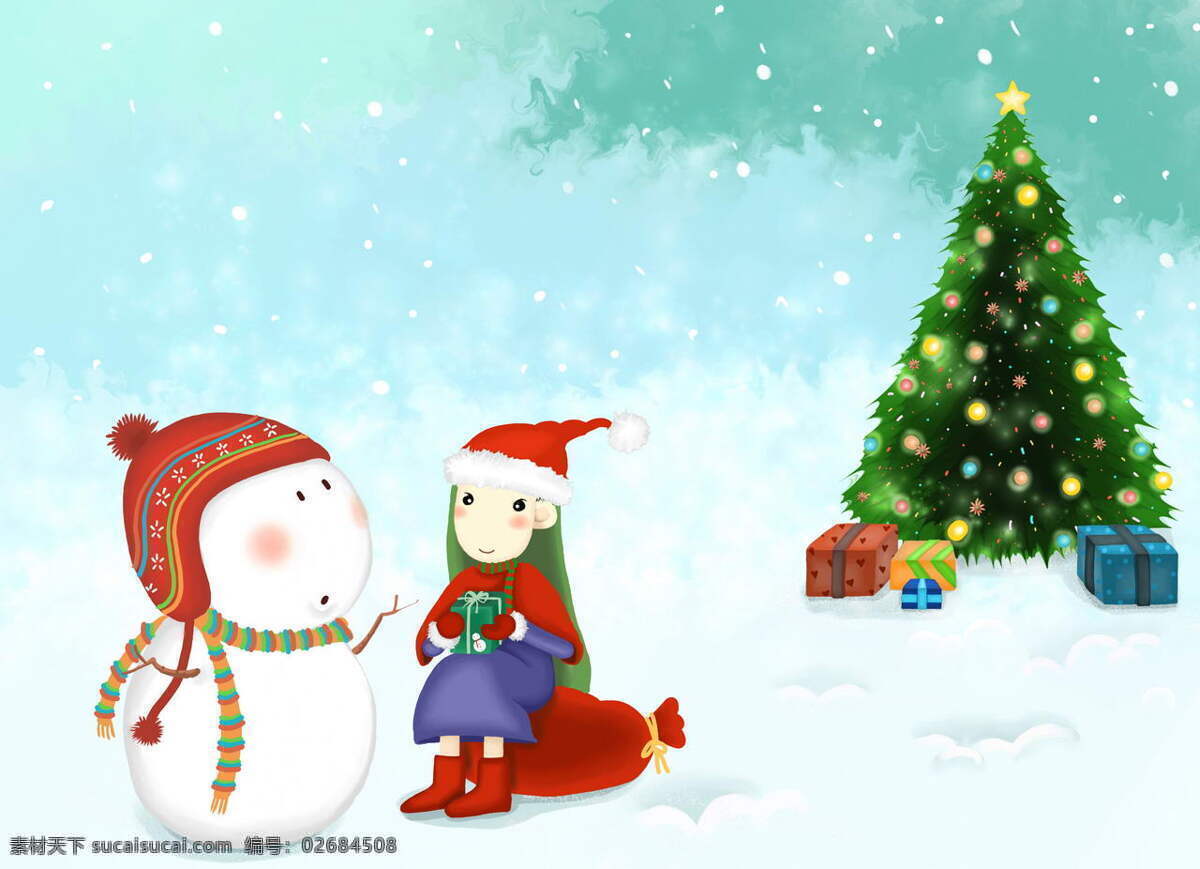 女孩 與 雪人 對 話 下雪 雪地 聖誕樹 卡通 动漫 可爱