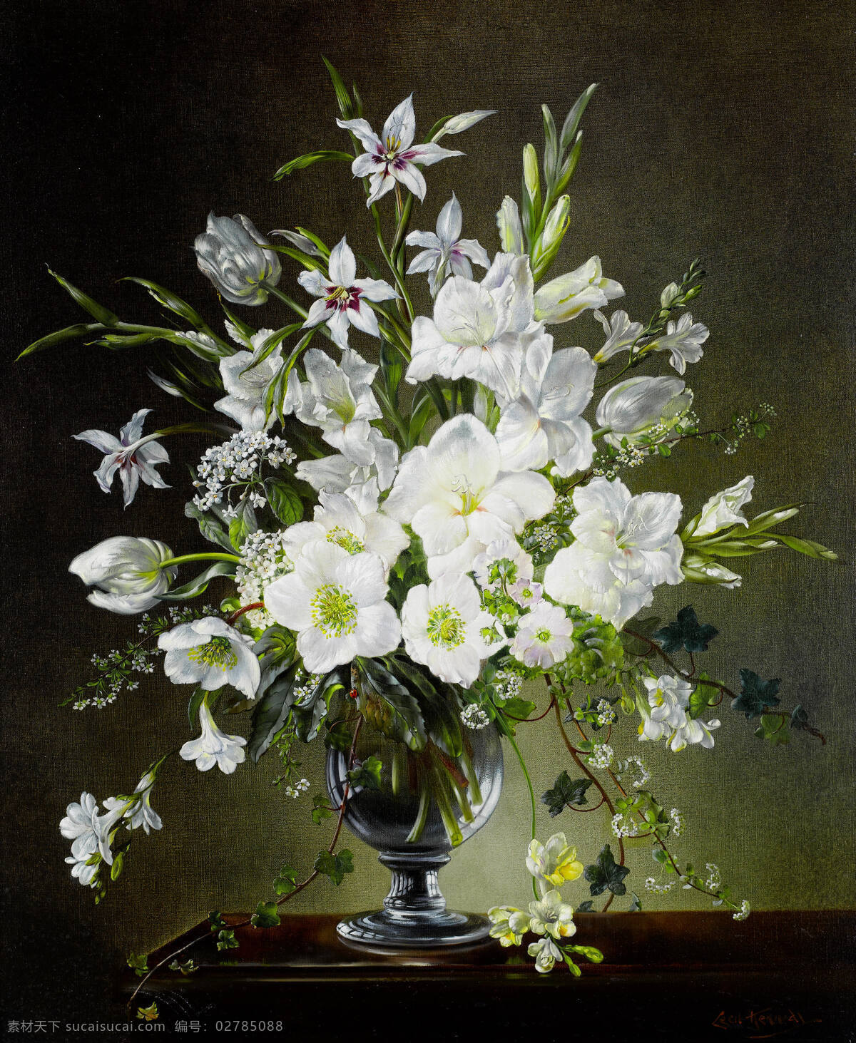 静物油画 塞西尔 甘乃迪 作品 英国静物画家 永恒之美 混搭鲜花 玻璃花瓶 白色色调 20世纪油画 油画 绘画书法 文化艺术