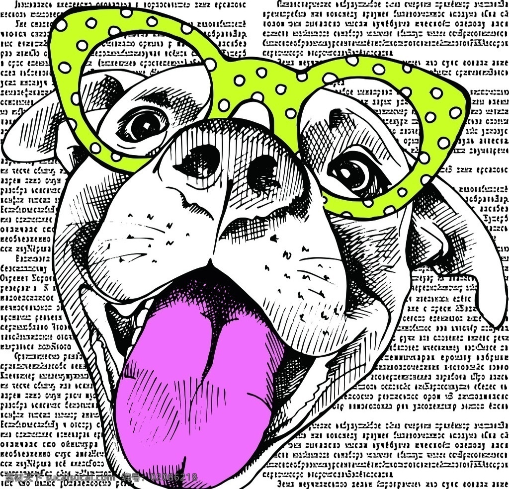吐舌头的狗 吐舌头 狗狗 眼镜框 黄色 报纸 报纸素材 环境设计 无框画