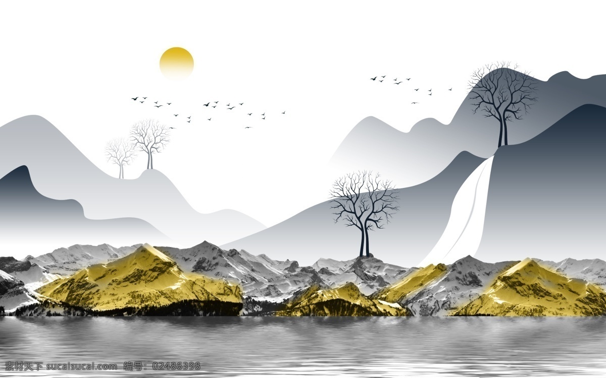 抽象 山水 背景 墙 金色 背景墙 山水画 分层