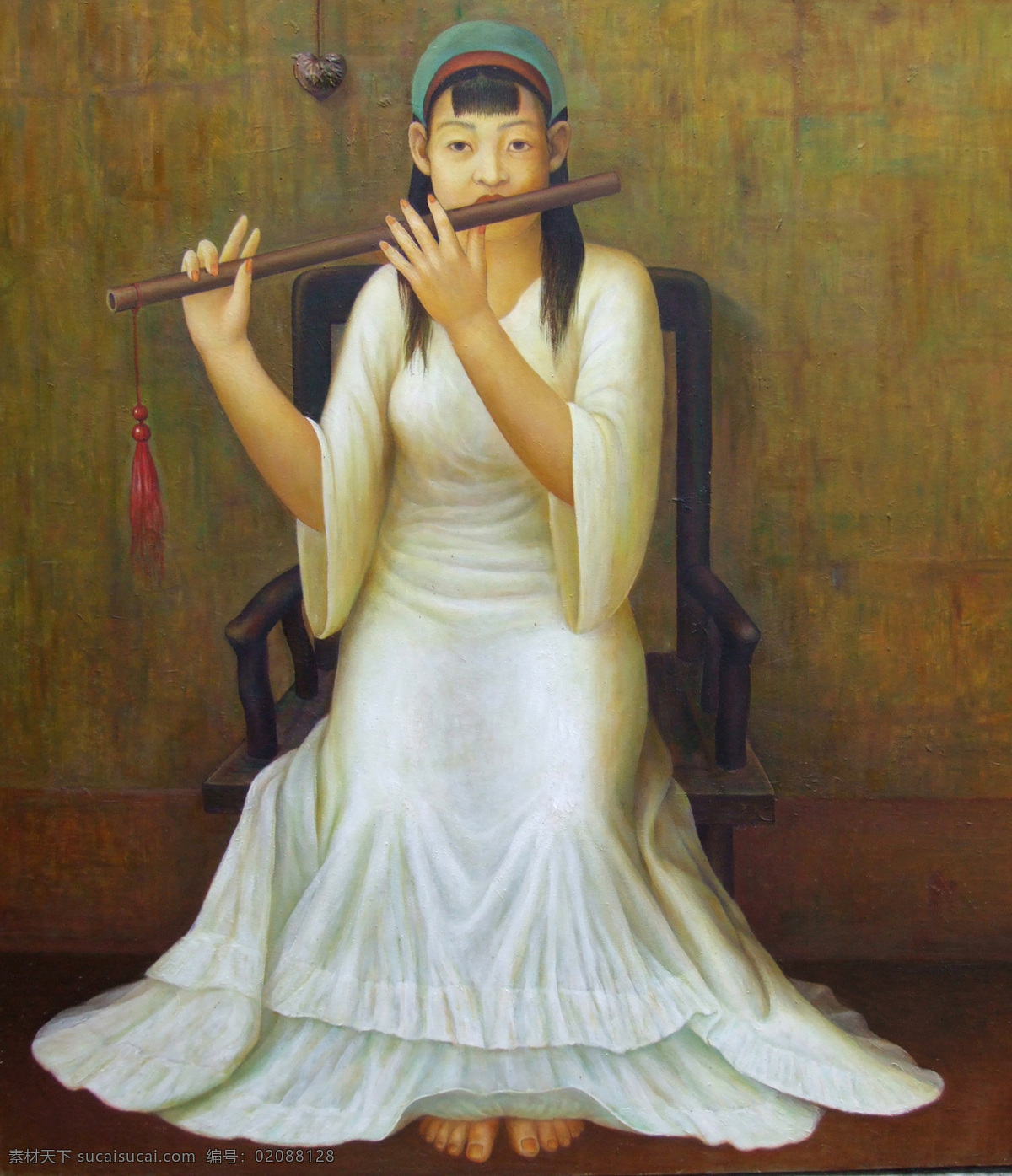 坐在 椅子 上 吹 笛子 东方 少女 油画 东方人物 绘画 文化艺术 世界名画 书画文字