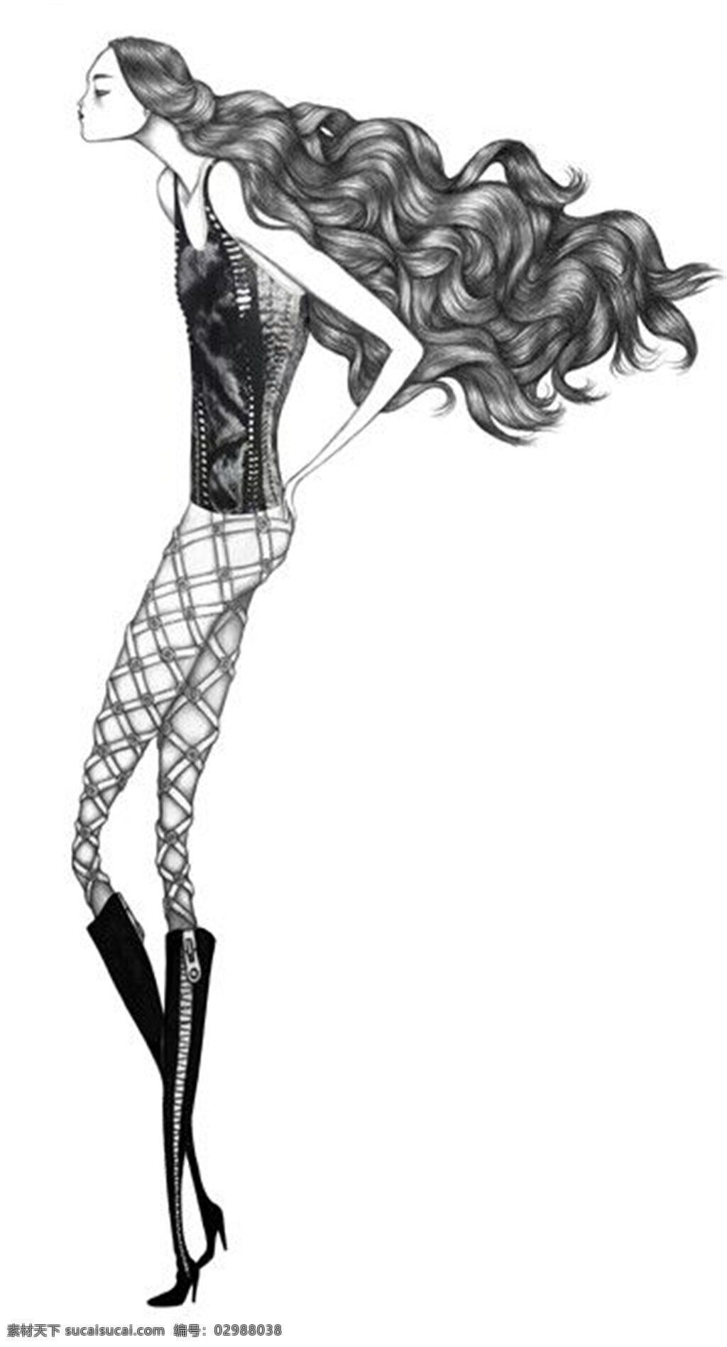 时尚 个性 黑色 背心 女装 效果图 服装设计 服装效果图 黑色长靴